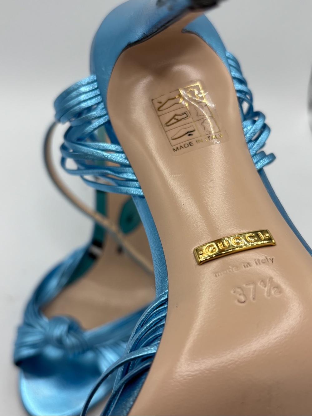 Gucci Allie Metallic Knotted Aqua Blue Ankle Strap Heels - Picture 3 of 7
